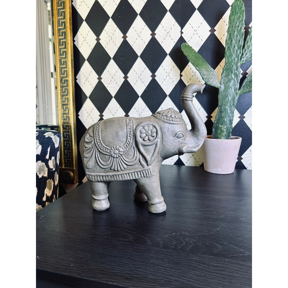 Vintage Gray Elephant Statue Trunk Up Good Luck Bohemian Decor 10"" - Picture 12 of 17